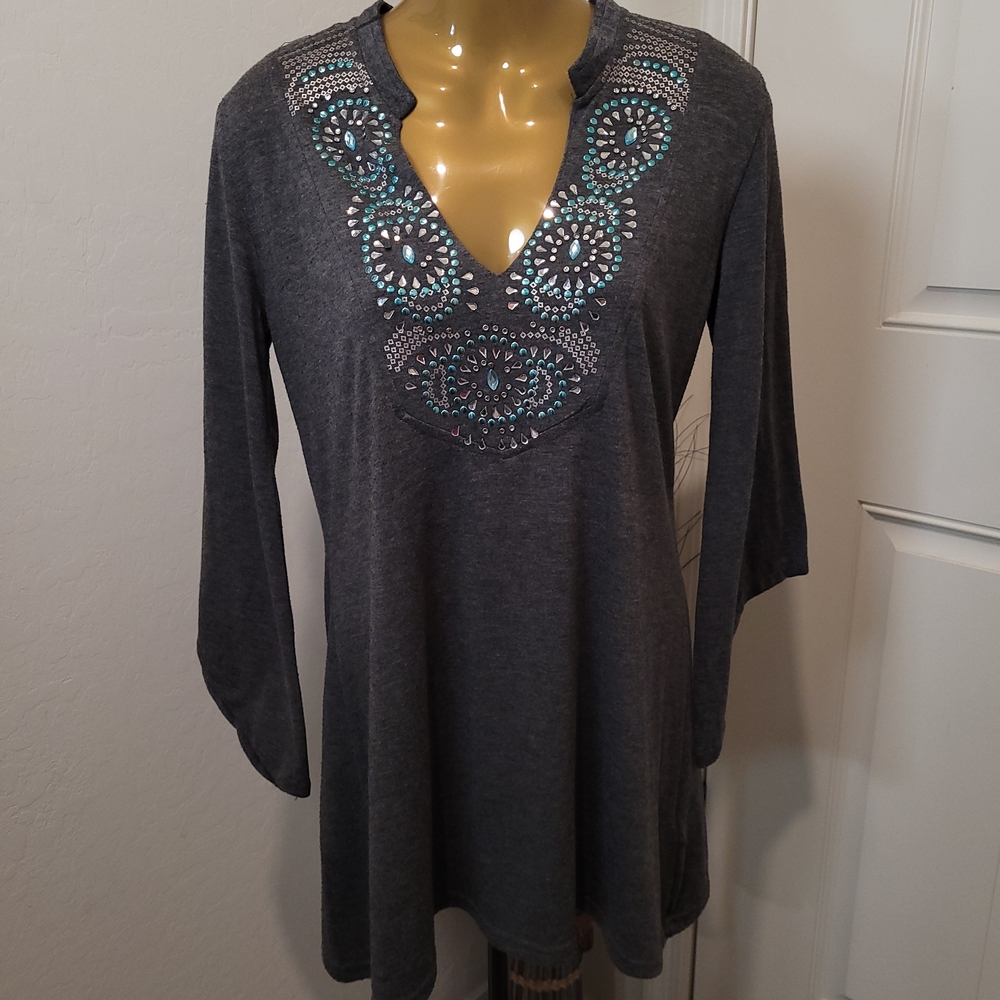 Panhandle Slim M Western Cowgirl Turquoise Beaded V-neck Tunic Top